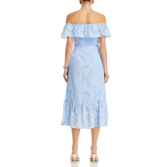 KOKO + MASON WOMENS SIZE MEDIUM OFF SHLDR JACQUARD LINED MIDI DRESS BLUE NEW - Picture 2 of 14